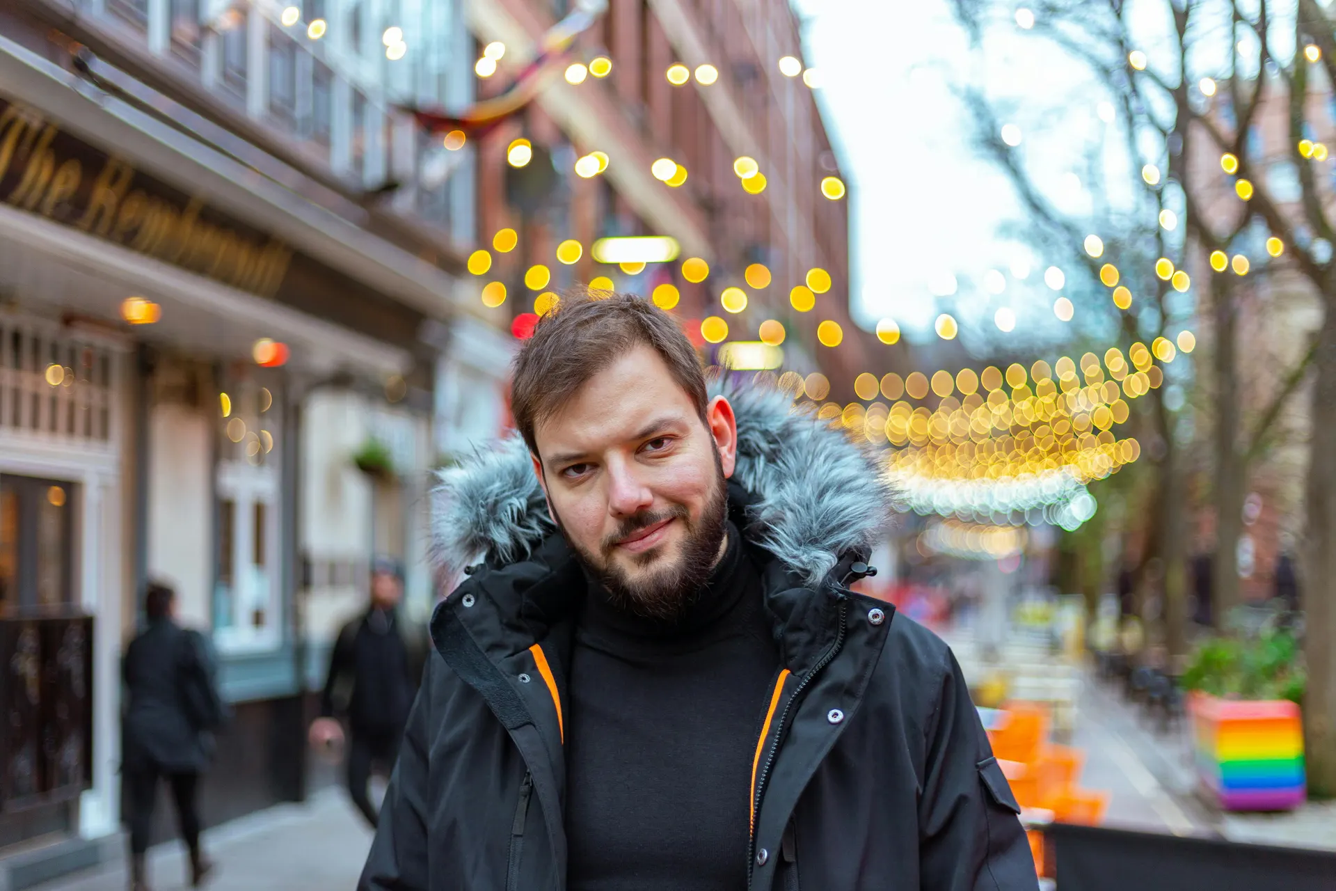 Domestic tourism specialist near a warmly lit street